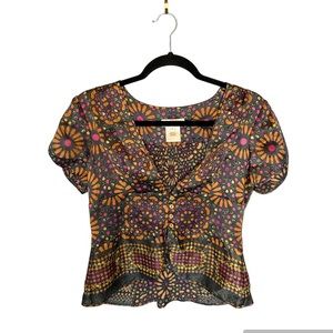 LaROK 100% Silk Balloon Sleeve Cropped Vintage Top Size Medium Blouse Festival